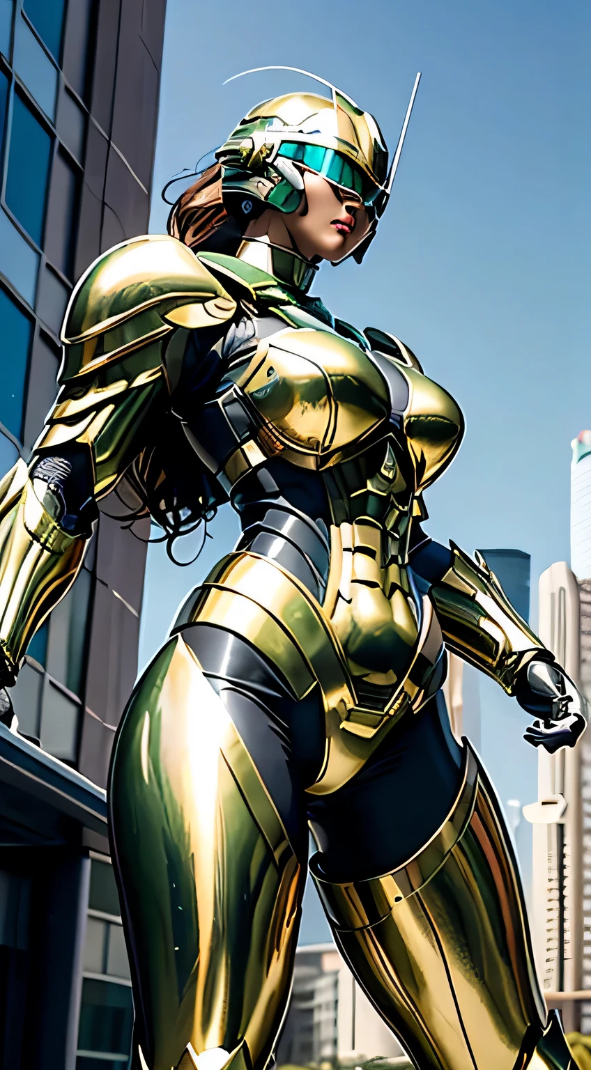 Female Robocop Solo、Bright outdoors、strong light source、8K, high quality, masterpiece, 最high quality, Crisp contrast、Very detailed、Full body armor、Very large armor、Helmet covering the head、Clear photos、His eyes are hidden by thin straight goggles:1.3、The lower half of the face is raw々Shii:1.5、The lower half of the face is exposed、Seductive lips、Black metallic armor、Gold accents、Armor that completely covers the chest、Long, slender legs、Vibrant Posselo Body View,Big and ample breasts:1.5, (Sports Body:1.5)、Five Fingers、Hold a handgun、In the city
