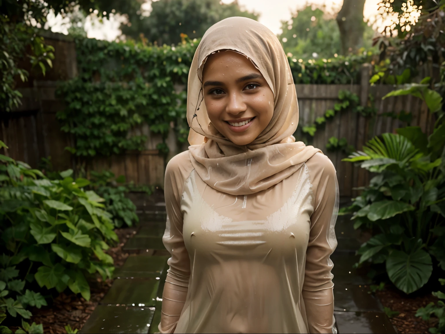 a girl
 beautiful in a light brown hijab, wearing a light brown transparent dress, crawling under the drizzle, wet body, full body, wet face, smiling face, drizzly atmosphere, garden background, trees, hyperrealistic, ultraHD,