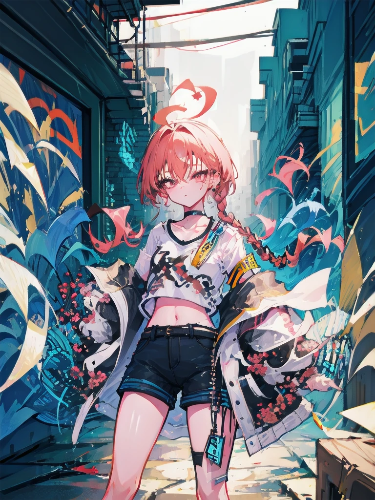 vanity, Highest quality, 1 woman, alone, Striped hair, white crop top,sukajan coat, dark denim shorts, choker, (graffiti: 1.25), splash of color, arms behind, (nonsense), lean back, leaning against the wall, (Tilt to the side: 0.125), Watch the audience, armband, thigh strap, paint on body, eyes aimed upwards, Heading down, tilt your head, (from the side: 0.9),(expressionless: 0.75)