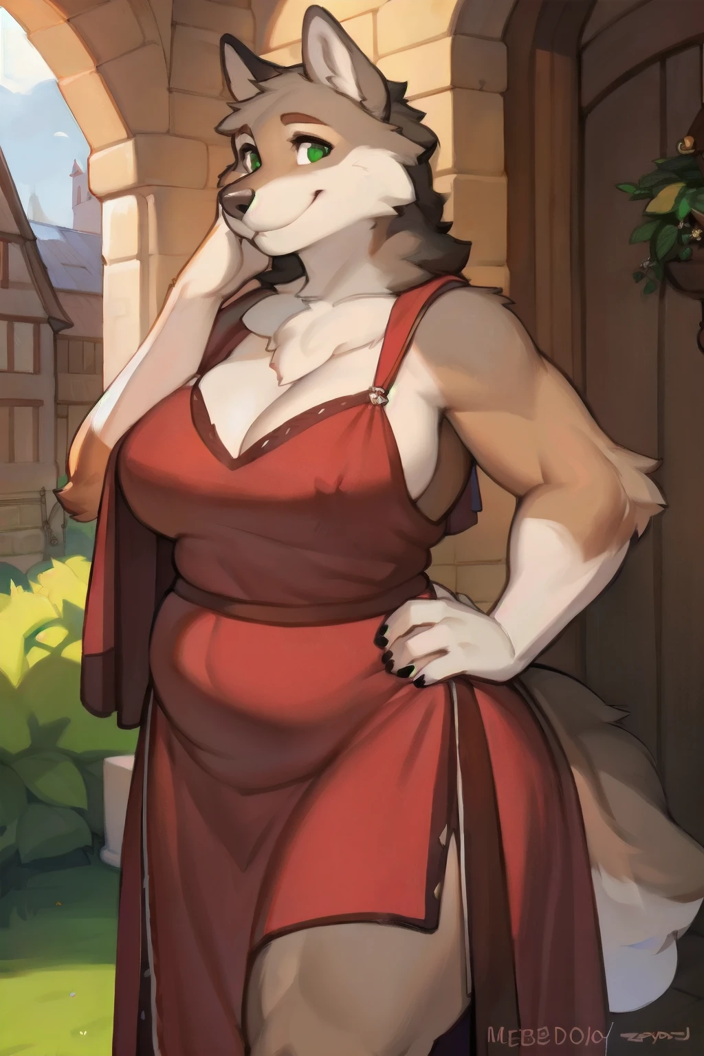 By chelodoy, by zaush, by bebebebebe, by spuydjeks, by meesh, by bigcozyorca, solo, chubby_muscular_timberwolf female brown_furry_body wide_hips thick_thighs green_eyes milf fluffy medieval_dress solo Masterpiece best_quality absurdres highly_detailed cleanly_drawn_eyes anthro_only motherly_smile