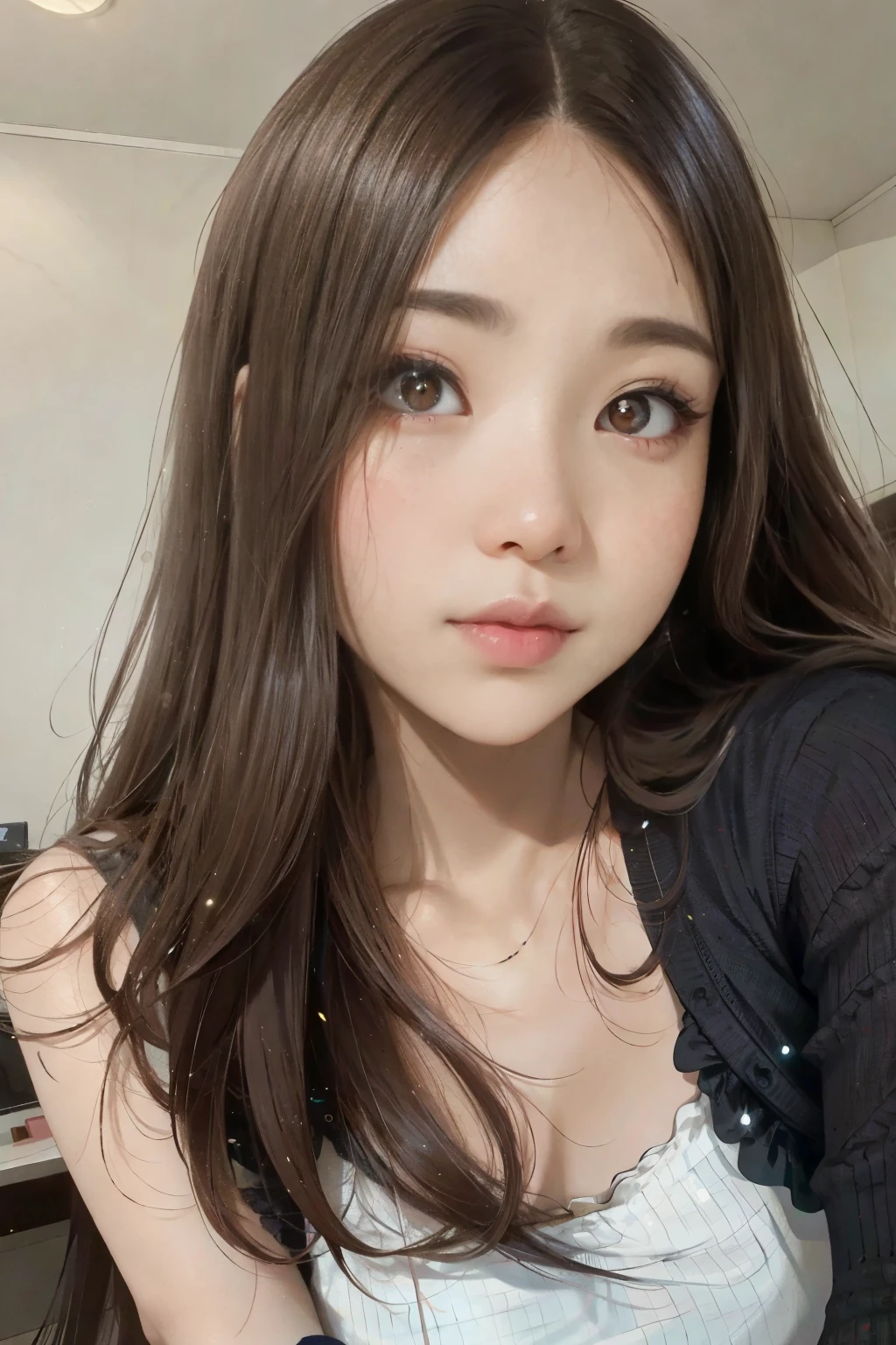 arafed asian woman with long brown hair and a white top, young adorable korean face, wan adorable korean face, popular south korean makeup, popular korean makeup, 8k selfie photograph, lovely delicate face, young cute wan asian face, with cute - fine - face, ulzzang, with round face, beautiful aesthetic face, pale round face, soft round face