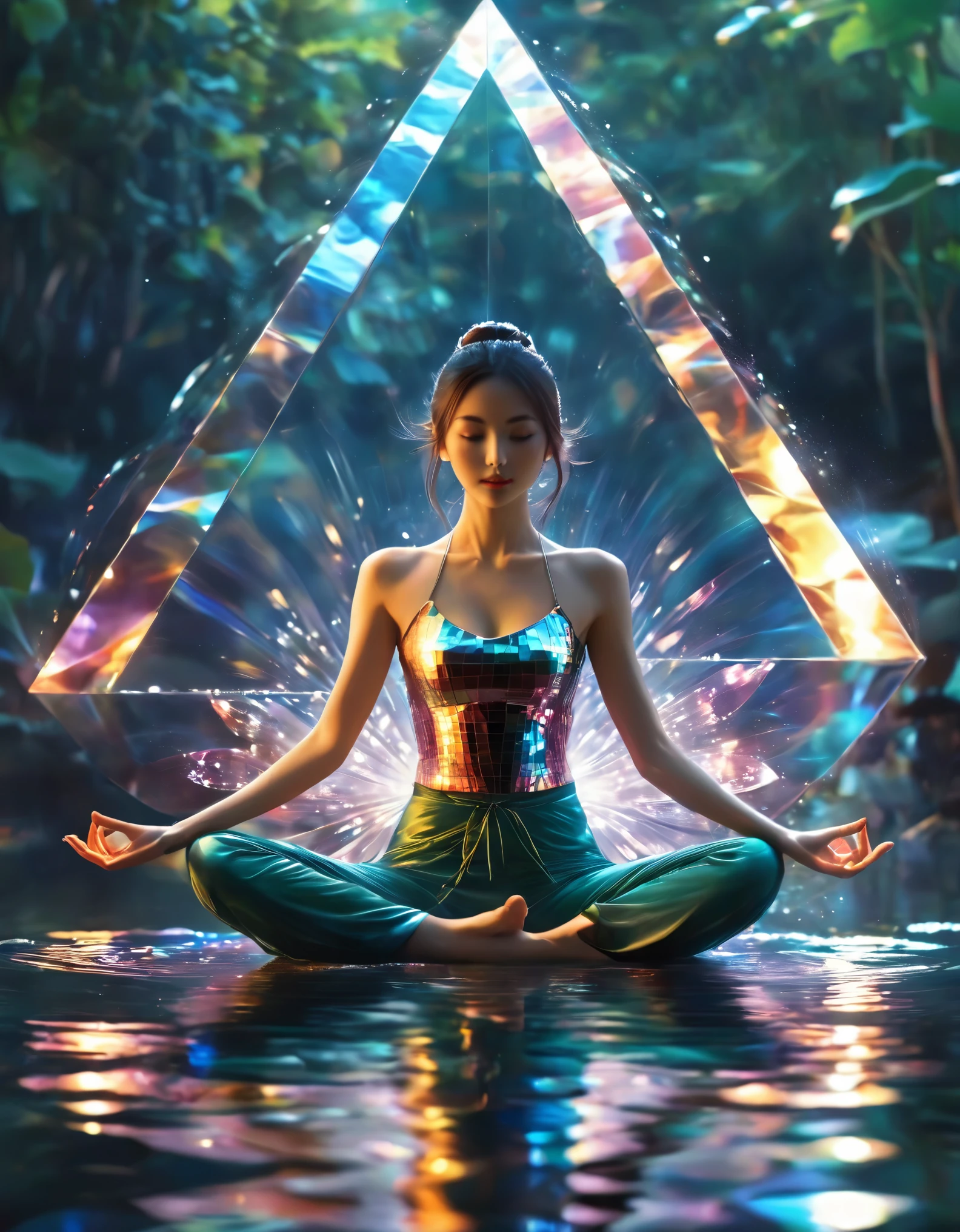 1girl，beautiful，blingbling，Motion blurred，triangle，Movie-level lighting effects，lotus pose,  on the water, reflection