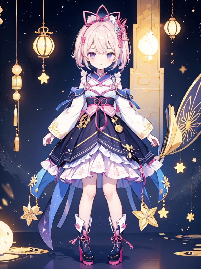 1girl、vtuber-fullbody、8K、Star Fairy、Masterpiece、Official Art、Super detailed、super beautiful、かわいいStar Fairy、white straight short hair、Milky Way、universe、star charm、Star、Baby Face、Knee-high boots、Japanese pattern dress、浴衣をリメイクした黒と紺色のuniverseを思わせるOiranフリルドレス、universeを思わせるOiranフリルドレス、Oiran