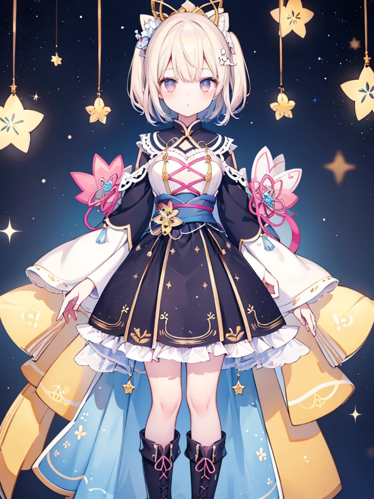 1girl、vtuber-fullbody、8K、Star Fairy、Masterpiece、Official Art、Super detailed、super beautiful、かわいいStar Fairy、white straight short hair、Milky Way、universe、star charm、Star、、Knee-high boots、Japanese pattern dress、浴衣をリメイクした黒と紺色のuniverseを思わせるOiranフリルドレス、universeを思わせるOiranフリルドレス、Oiran