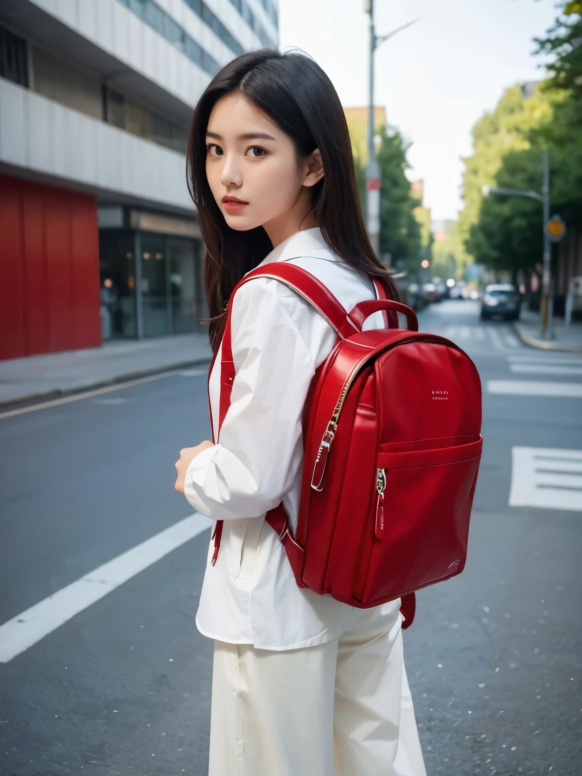 RAW photo, portrait, best quality, high res,
(1 women:1.3), solo, wearing white collared shirt, wear cream cardigan, wear brown trousers pants, street background, fullbody, wearing school backpack, red backpack, view from side