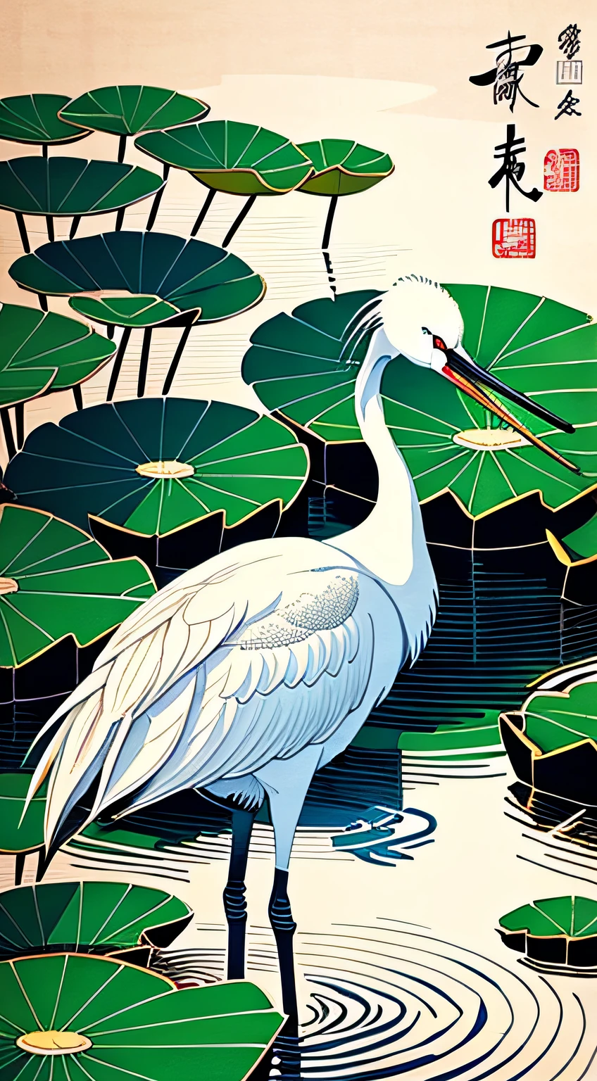 Picture of white crane drinking water in lotus pond, Hand drawn cartoon art style, Chinese brush illustration, art cover illustration, eye-catching detailed art style, Poster illustration, g lillian art style, Highly detailed illustration.