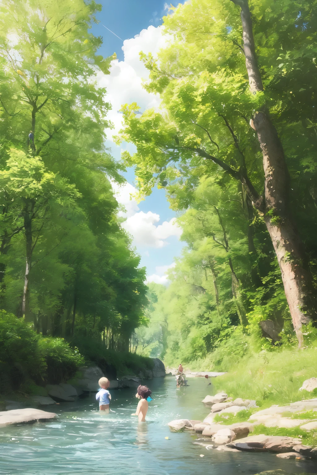 blue sky white clouds forest river background,HD,best quality,Children playing by the stream,energetic and cute,Unity Online,Man and nature live in symbiosis,6.5. Environmental publicity,Birds flying in the woods,Fish fly shallow bottom