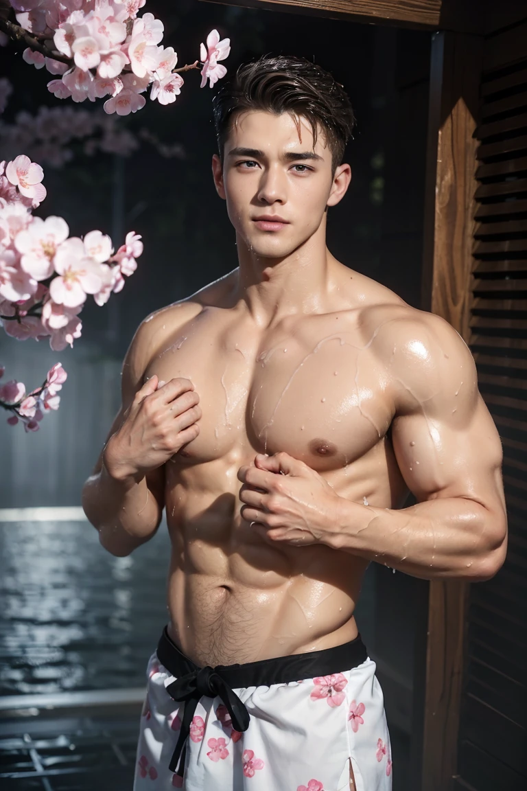 (Reality: 1.2, top quality, 8k, wet: 1.3), (man, Put your hands on your chest), 20 year old Ukrainian blonde bodybuilder, actor, Cherry blossom pattern yukata, Black lingerie, (Sweat: 1.2, wet: 1.2), delicate skin, (Movie Lighting, chest hair, Arm hair), Soft Light, Double eyelids, (Tempting), (((excited))