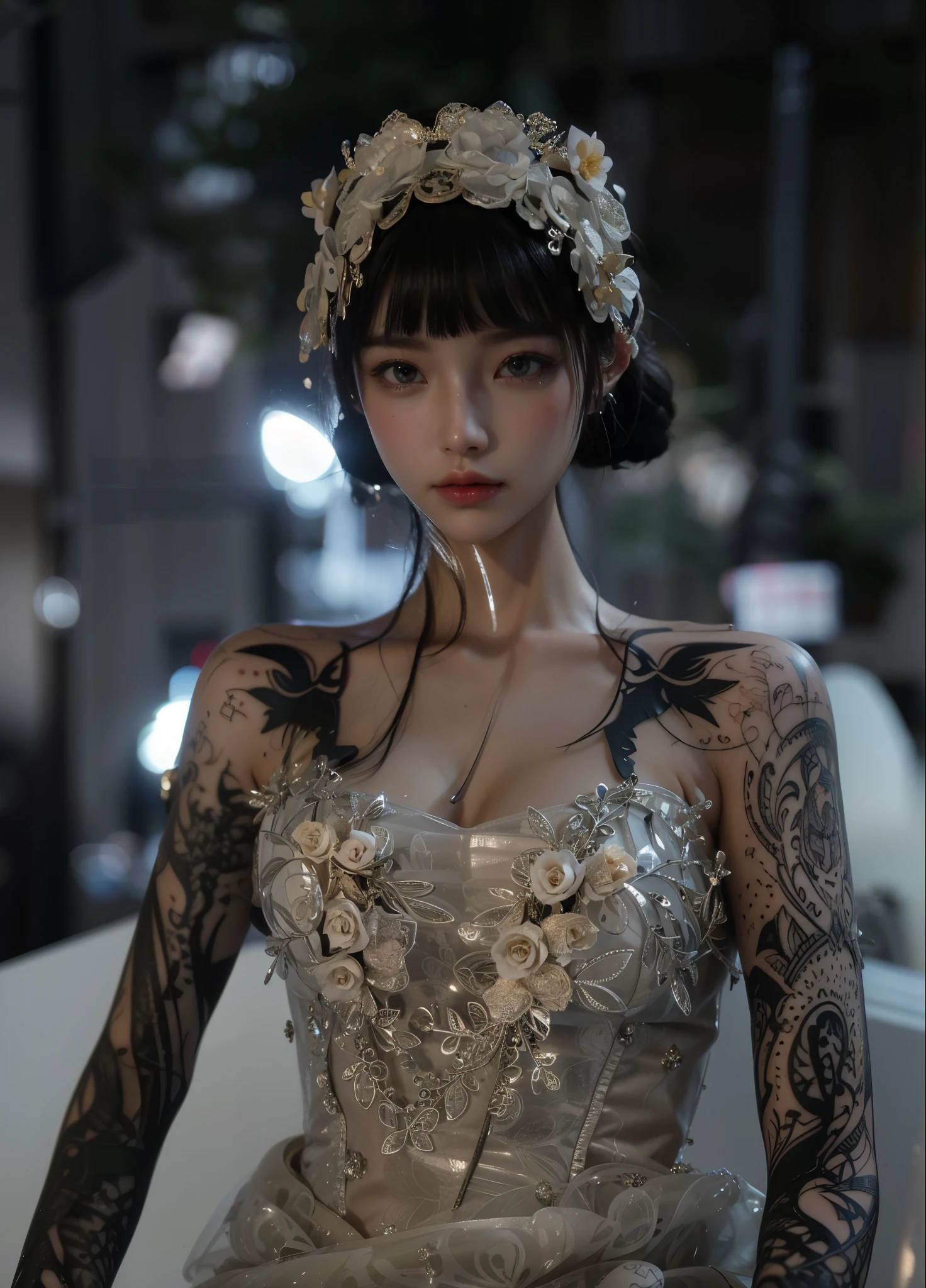 Game Art,Cg animation,Best image quality,Maximum resolution,8k,(A half-length photo),(portrait),(Head close-up),(Rule of Thirds),Unreal Engine 5 rendering works,20 year old girl,((Queen)),The eyes are very detailed,(Large Breasts),Elegance and nobility,Movie Lighting,Ray Tracing,Game CG,((3D Unreal Engine)),OC rendering reflection pattern,4K,Ultra-clear,Translucent lace,Fair and plump figure,Pretty Face,Glossy Gel Coat,身着华贵礼服的Queen,Necklace jewelry,intricate tattoo designs,The tattoo is very delicate,goddess,Many tattoo designs on arm