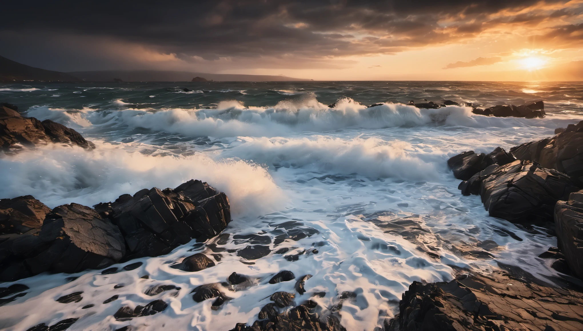 A sunset over a rocky beach with crashing waves and a dark, cloudy sky.