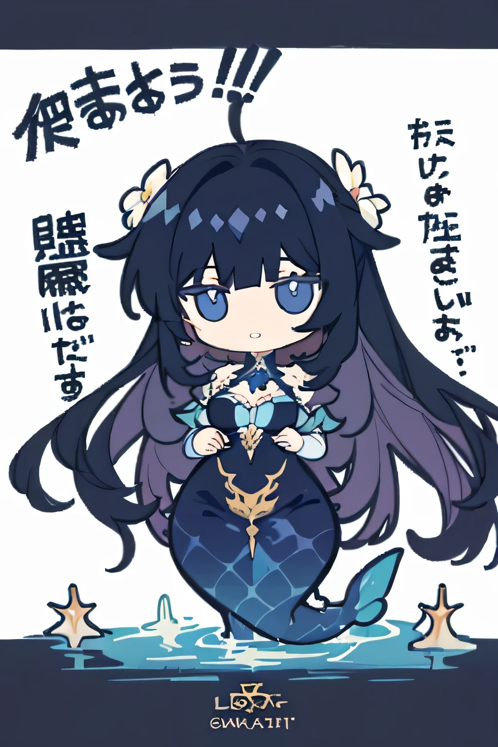 (((highest quality))),masterpiece,1 woman,American comic book style,rough style, painted masterpiece, stylised semi-realism, adult, anime, mature, siren, mermaid, woman in 30s, under water, sea life, surrounded by flowers, soft stomach, wild hair, plus size body, chubby, long black hair, blue eyes