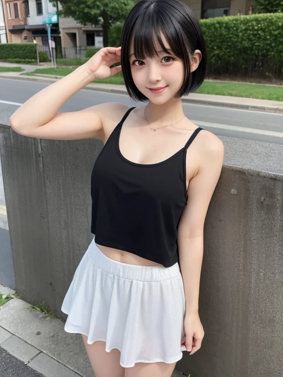 ((masterpiece)), ((best quality)), (ultra-detailed), ((kawaii)), cute, (lovely), realistic, real, full body, In town, daytime, a cute girl, 1girl, solo, Tank top,mini skirt, beautiful black hair, beautiful black eyes, ((beautiful eyes)), short hair, ribon, smile,crevage,Small breasts,