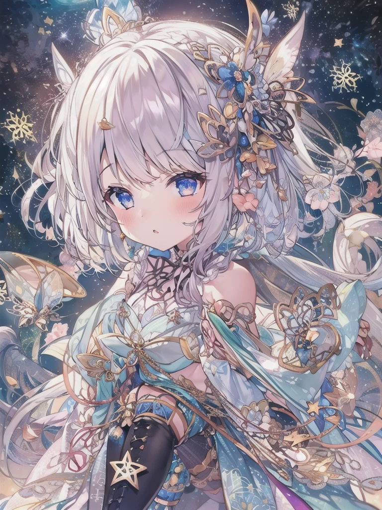 1girl、vtuber-fullbody、8K、Star Fairy、Masterpiece、Official Art、Super detailed、super beautiful、かわいいStar Fairy、white straight short hair、Milky Way、universe、star charm、Star、、Knee-high boots、Japanese pattern dress、浴衣をリメイクした黒と紺色のuniverseを思わせるOiranフリルドレス、universeを思わせるOiranフリルドレス、Oiran