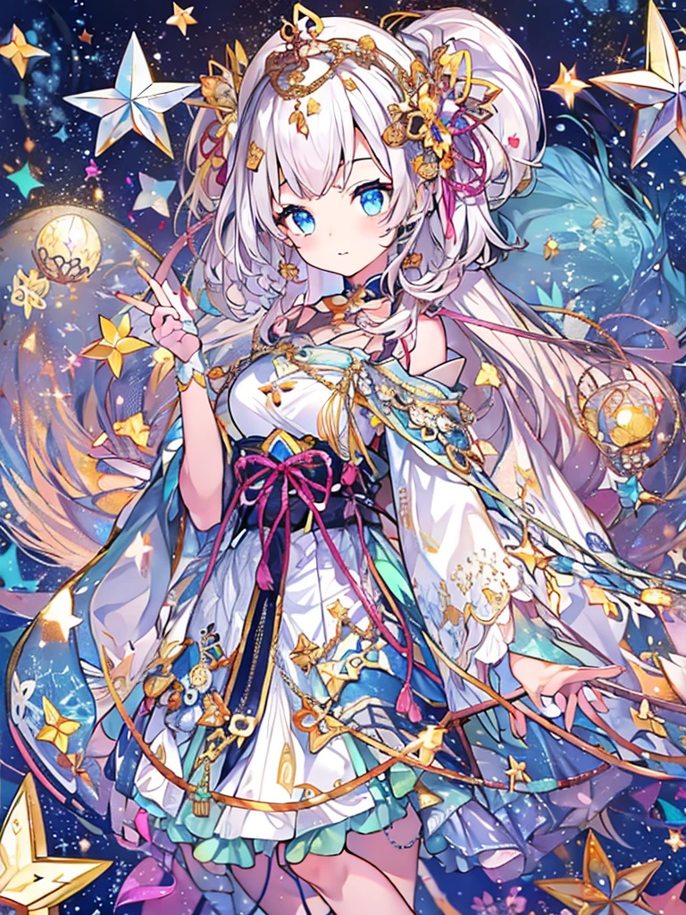 1girl、vtuber-fullbody、8K、Star Fairy、Masterpiece、Official Art、Super detailed、super beautiful、かわいいStar Fairy、white straight short hair、Milky Way、universe、star charm、Star、、Knee-high boots、Japanese pattern dress、浴衣をリメイクした黒と紺色のuniverseを思わせるOiranフリルドレス、universeを思わせるOiranフリルドレス、Oiran