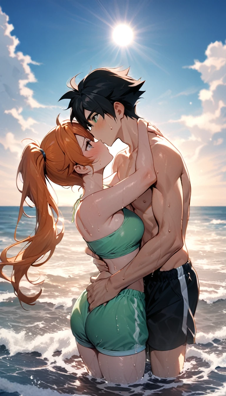 black hair, short hair, brown eyes, hair between eyes, ash ketchum, sweat shorts, shirtless misty pokémon, orange hair, green eyes, side ponytail, green bikini, masterpiece, sun overhead, photograph of beautiful 18 year old couple, inside a beach house at night with no lightning, , starry night, full Moon, in the style of silhouette figures, hugging, kissing, putting her hand on his chest