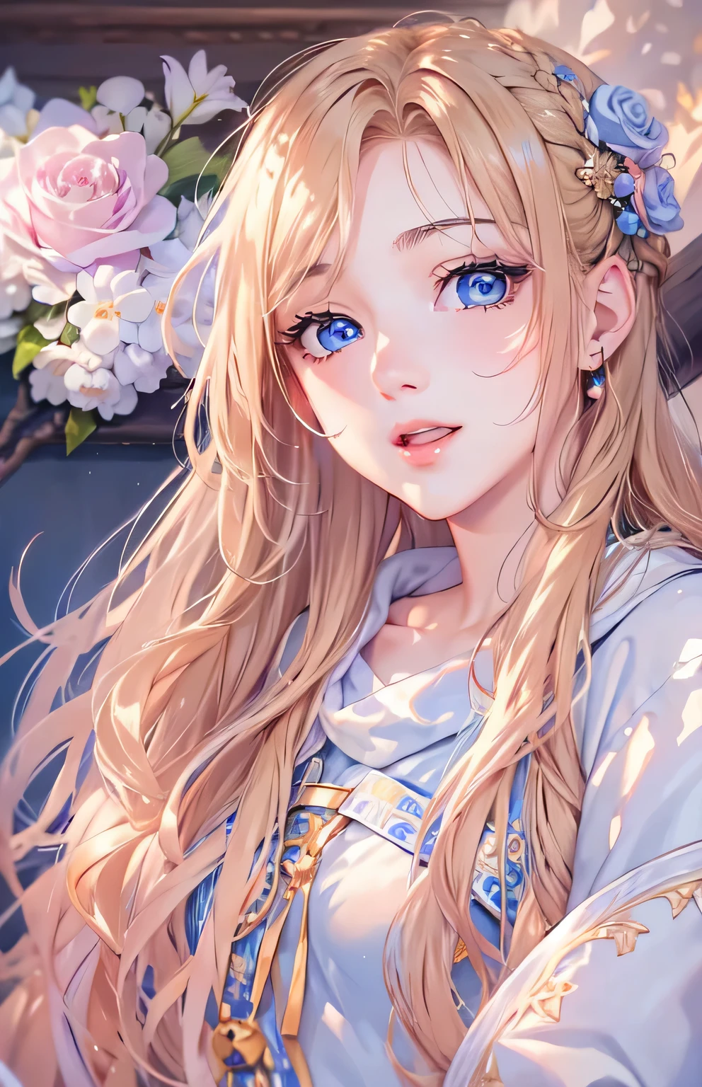 Anime girl with long blonde hair and blue eyes sitting in a chair ...