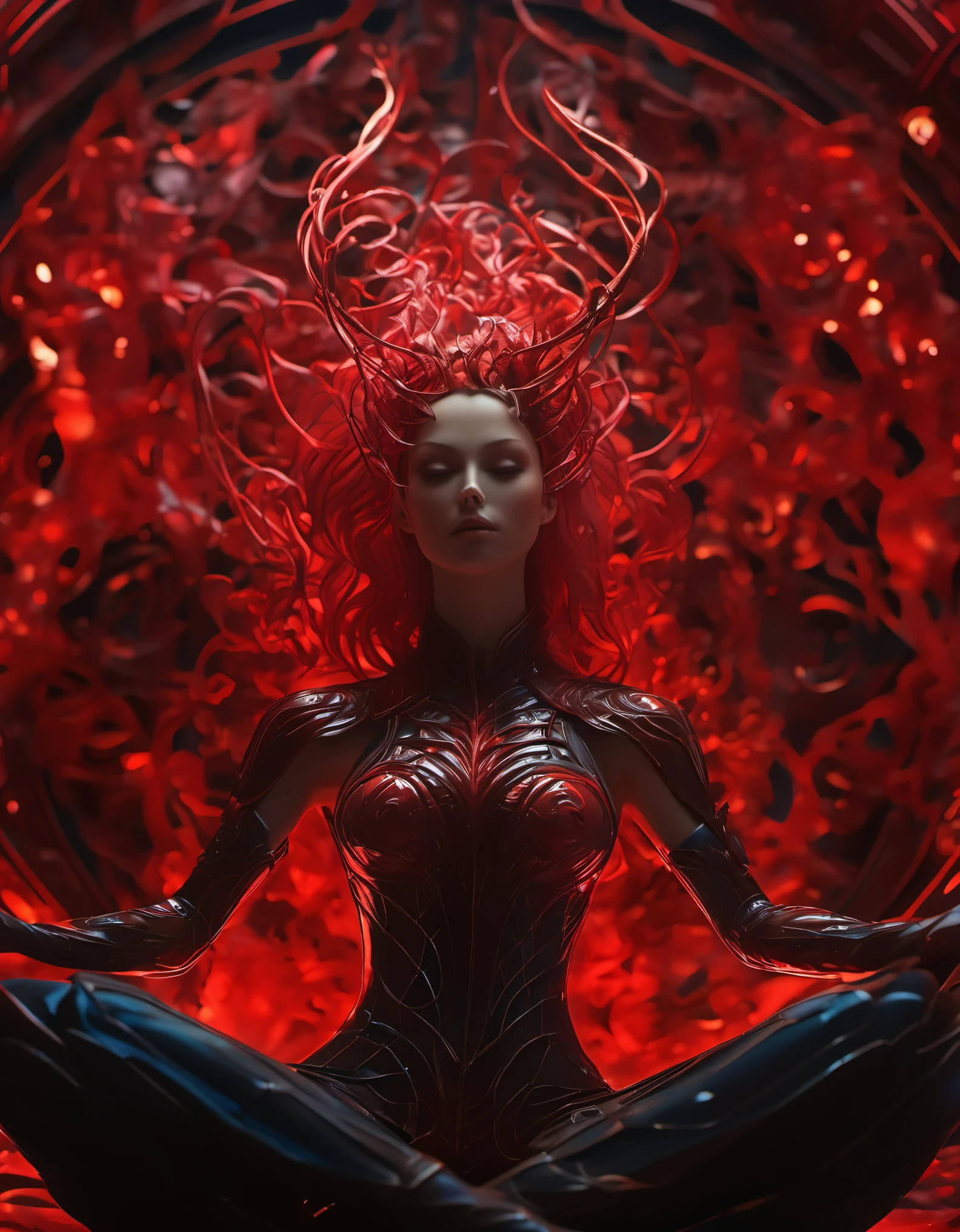 lotus pose,hell lady, fullbody, Beautiful armor, Extremely detailed Artgerm, Strange schizophrenic imagery fills the room, showing an eerie blood-red starry sky pattern and the walls are liquid,,Glowing Line,Glow Example,Tracking example,flash, Backlight,translucent,light particles,look up