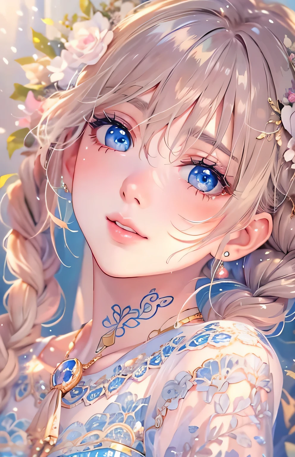 ((highest quality)), ((masterpiece)), (Get used to it), Perfect Face , masterpiece、highest quality、High resolution、High-quality images、8k, 1 female、Skin Radiance、Texture of skin and clothing、Expression of fine eyes、Shiny bright golden hair,Girl with long braided hair, Manga inspired by Lee Jong-suk, Trending on deviantart, realism, detailed manga style, Manga art style, Perfect Line Drawing, Beautiful line art, digital manga art girl, K-POPアイドル, Beautiful Blue Eyes, Lips become thicker, Gorgeous face with attention to detail, (Cute Smile), charm, Innocent, Side view, (Perfectly detailed face), (Beautiful Hands) Photorealistic images, Written boundary depth, 20th Generation ,beautiful girl , Babydoll underwear , The roses scattered , Lying in bed ,