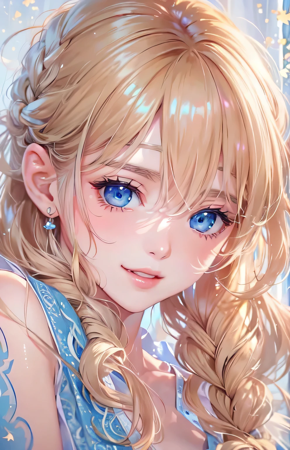 ((highest quality)), ((masterpiece)), (Get used to it), Perfect Face , masterpiece、highest quality、High resolution、High-quality images、8k, 1 female、Skin Radiance、Texture of skin and clothing、Expression of fine eyes、Shiny bright golden hair,Girl with long braided hair, Manga inspired by Lee Jong-suk, Trending on deviantart, realism, detailed manga style, Manga art style, Perfect Line Drawing, Beautiful line art, digital manga art girl, K-POPアイドル, Beautiful Blue Eyes, Lips become thicker, Gorgeous face with attention to detail, (Cute Smile), charm, Innocent, Side view, (Perfectly detailed face), (Beautiful Hands) Photorealistic images, Written boundary depth, 20th Generation ,beautiful girl , Babydoll underwear , The roses scattered , Lying in bed ,