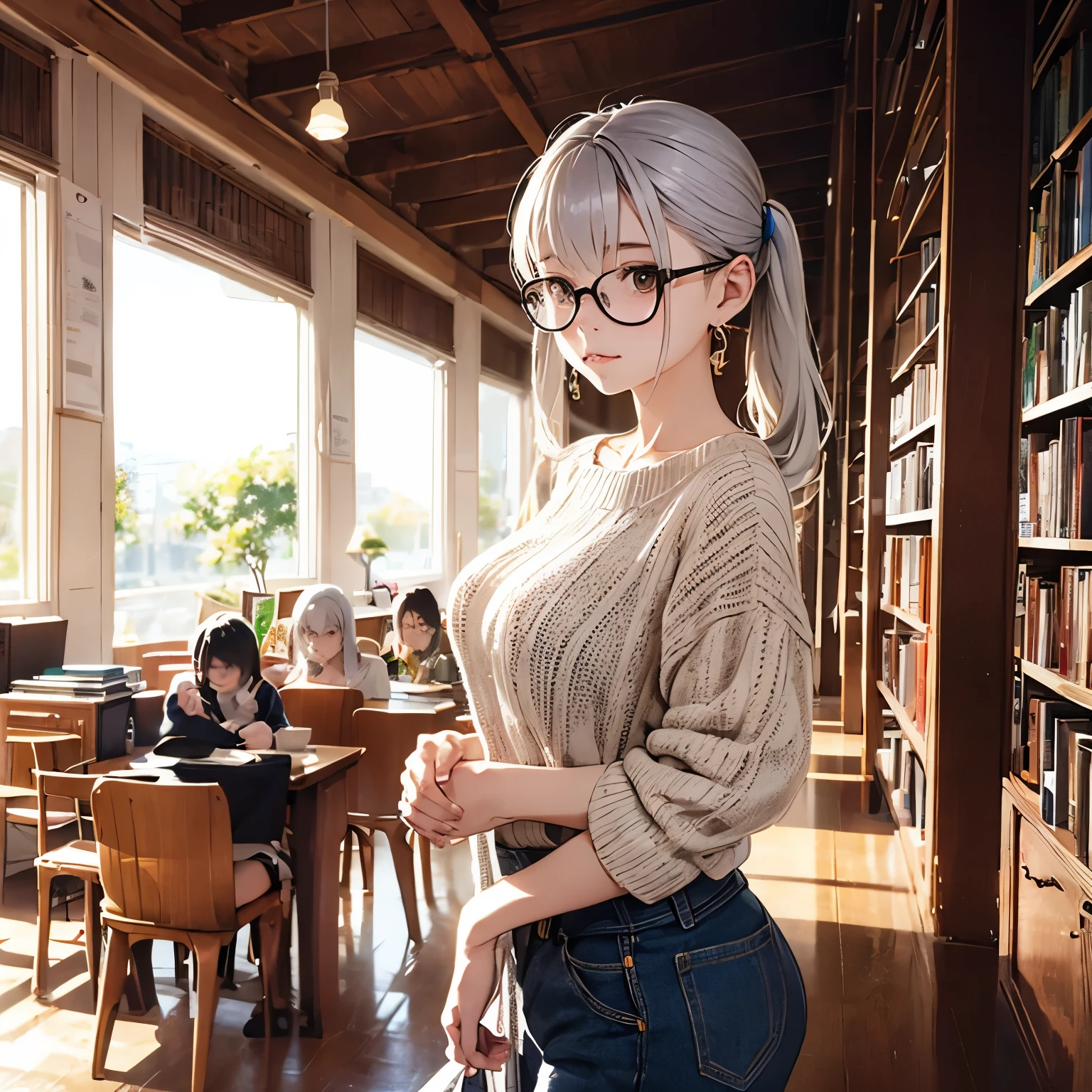 Silver Hair、Glasses、Beautiful woman、woman wearing knitted clothes、Sunburned skin、ponytail,Background Library