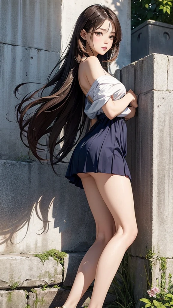highest quality、4K quality、lean against the wall、Beautiful cleavage、Beautiful Style、tall、Small breasts、Bare buttocks、Small Ass、Shy face、20 year old princess、Bare shouldery skirt is blown up by the wind、ultra detail eye,Shooting from behind、Off-the-shoulder summer dress、Grab the hem of your skirt、nude legs