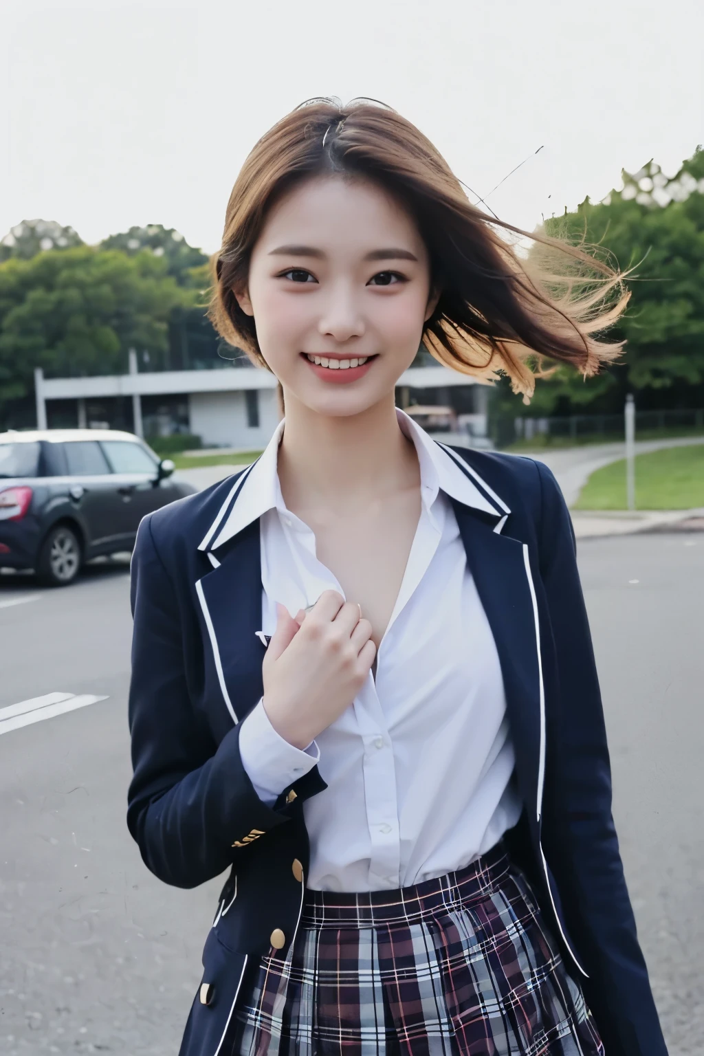 (((A cute 18 year old Japanese girl)))、(Small breasts)、Pubic hair is growing、A smile full of happiness、((No underwear:1.3))、 uniform(plaid ailor suit、Sweaty、Facial expression excited、short hair、(((Full chest:1.5)))、Great face and eyes、Laugh happily、(Highly detailed beautiful face) 、(school uniform、Pleated mini skirt:1.3)、(Uniform with a wide open chest)、(Naked Shirt:)、(highest quality:1.4)、(Super detailed)、(Ultra-realistic、Photorealistic:1.37)、Beautiful fair skin、High-definition CG unified 8K wallpaper、RAW Photos、Professional photography、walking、（Strong winds）、（Skirt fluttering in the wind：1.7）、（pants：1.5）、Outdoor、commute、pedestrian crossing、Signal、A refreshing morning、sunshine、View from below