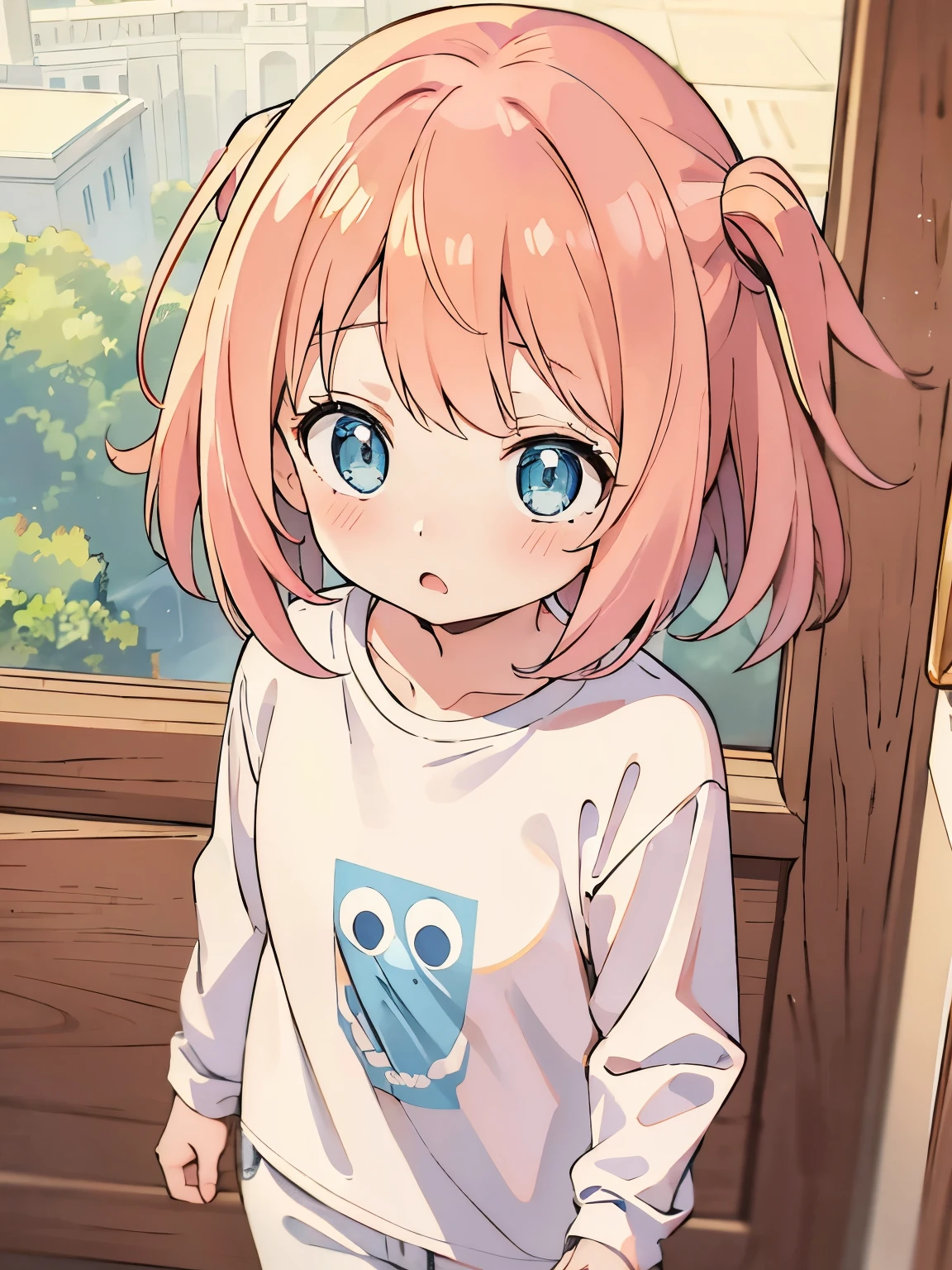 1girl,6 years old,Walking,Shocked expression, in the royal chamber,, blonde hair, blue eyes,Long sleeve t-shirt, white t-shirt,white trousers, very cute, very short hair, side bangs,ultra detail, ultra HD