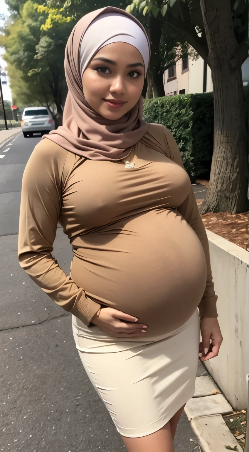 RAW, Best quality, high resolution, masterpiece: 1.3), Beautiful Malay woman in hijab, Masterpiece, perfect fit body, Big breasts, ((huge pregnant)), beautiful big eyes, Soft smile,RAW, Best quality, high resolution, masterpiece: 1.3), beautiful Malay woman in hijab,Masterpiece, perfect fit body, ((Huge breast)), big orgeous eyes, Soft smile, woman in a tan shirt and brown skirt posing for a picture, hijab, brown shirt, woman model, cardigan, beutifull girl, cream colored blouse, light brown, modern casual clothing, beige hoodie, light tan, casual modern clothing, lovely woman, long sleeves, beige, very , brown clothes, wearing a blouse, sie boob, cute woman , wearing floral pleated skirt, smooth turtleneck, necklace , hairband, evening walk, City park, Great lighting, Bright colors, Clean lines