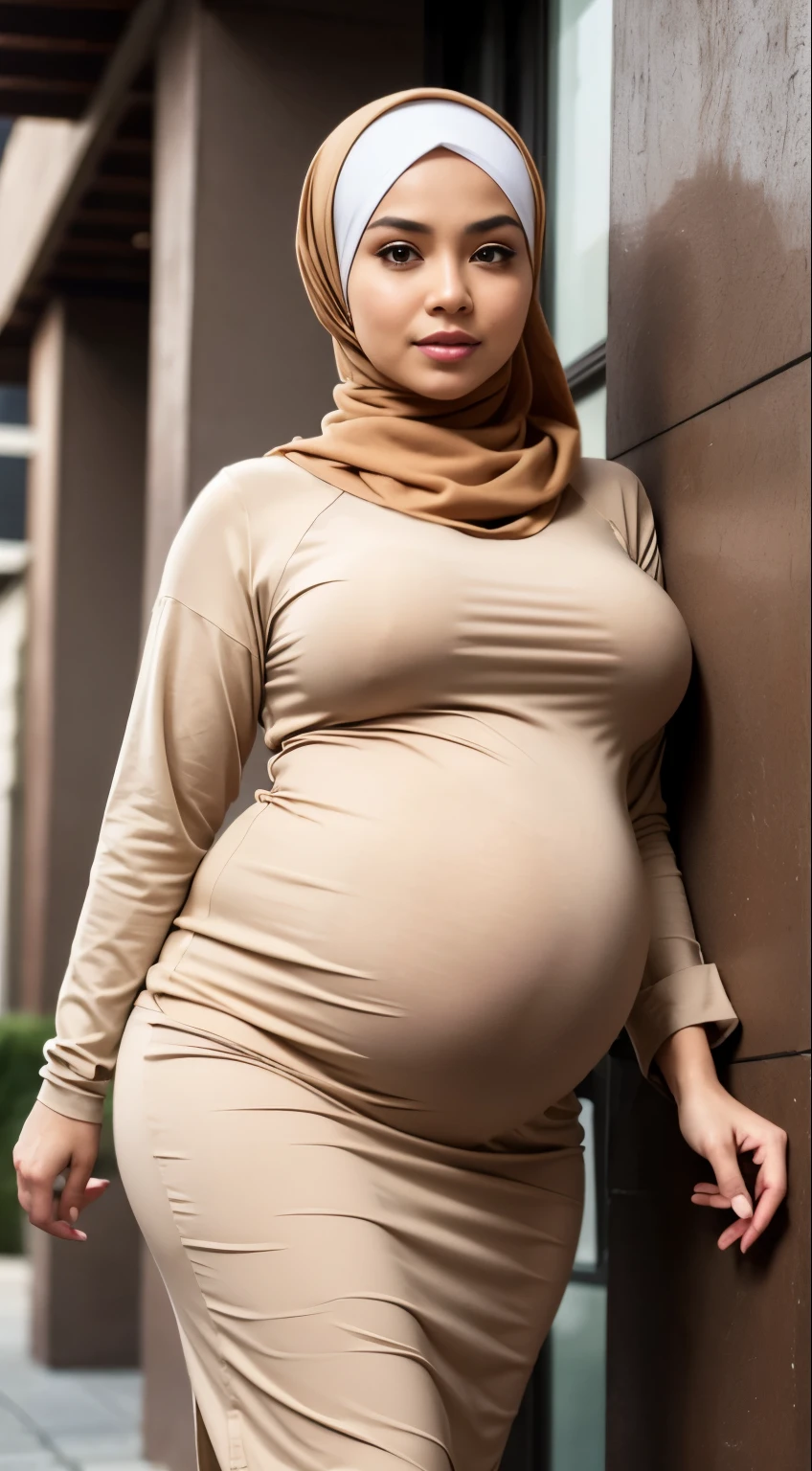 RAW, Best quality, high resolution, masterpiece: 1.3), Beautiful Malay woman in hijab, Masterpiece, perfect fit body, Big breasts, ((huge pregnant)), beautiful big eyes, Soft smile,RAW, Best quality, high resolution, masterpiece: 1.3), beautiful Malay woman in hijab,Masterpiece, perfect fit body, ((Huge breast)), big orgeous eyes, Soft smile, woman in a tan shirt and brown skirt posing for a picture, hijab, brown shirt, woman model, cardigan, beutifull girl, cream colored blouse, light brown, modern casual clothing, beige hoodie, light tan, casual modern clothing, lovely woman, long sleeves, beige, very , brown clothes, wearing a blouse, sie boob, cute woman , wearing floral pleated skirt, smooth turtleneck, necklace , hairband, evening walk, City park, Great lighting, Bright colors, Clean lines