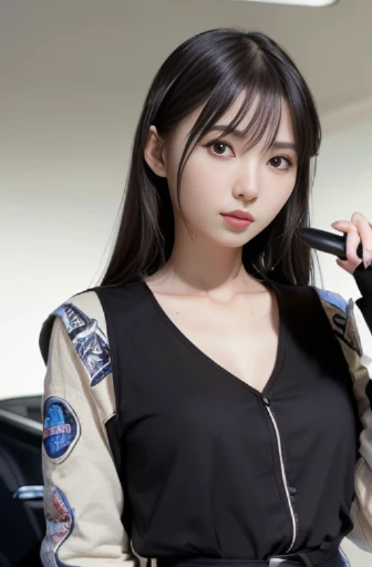best quality, detailed, beautiful, insanely detailed, absurdres,perfect anatomy, Japanese woman,black hair,27 years old, (slender), (small breasts),(Scene of a female driver holding the steering wheel in the driver's seat during a car race:1.4)