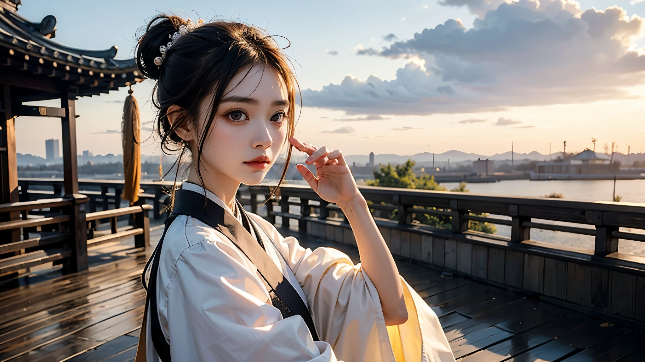 A girl, Hanfu, White ponytail, big eyes, serious, outdoor, Big scene, detail, daytime, wind, dusk, Yellow sky, Facing the camera, best quality, masterpiece, finely detail