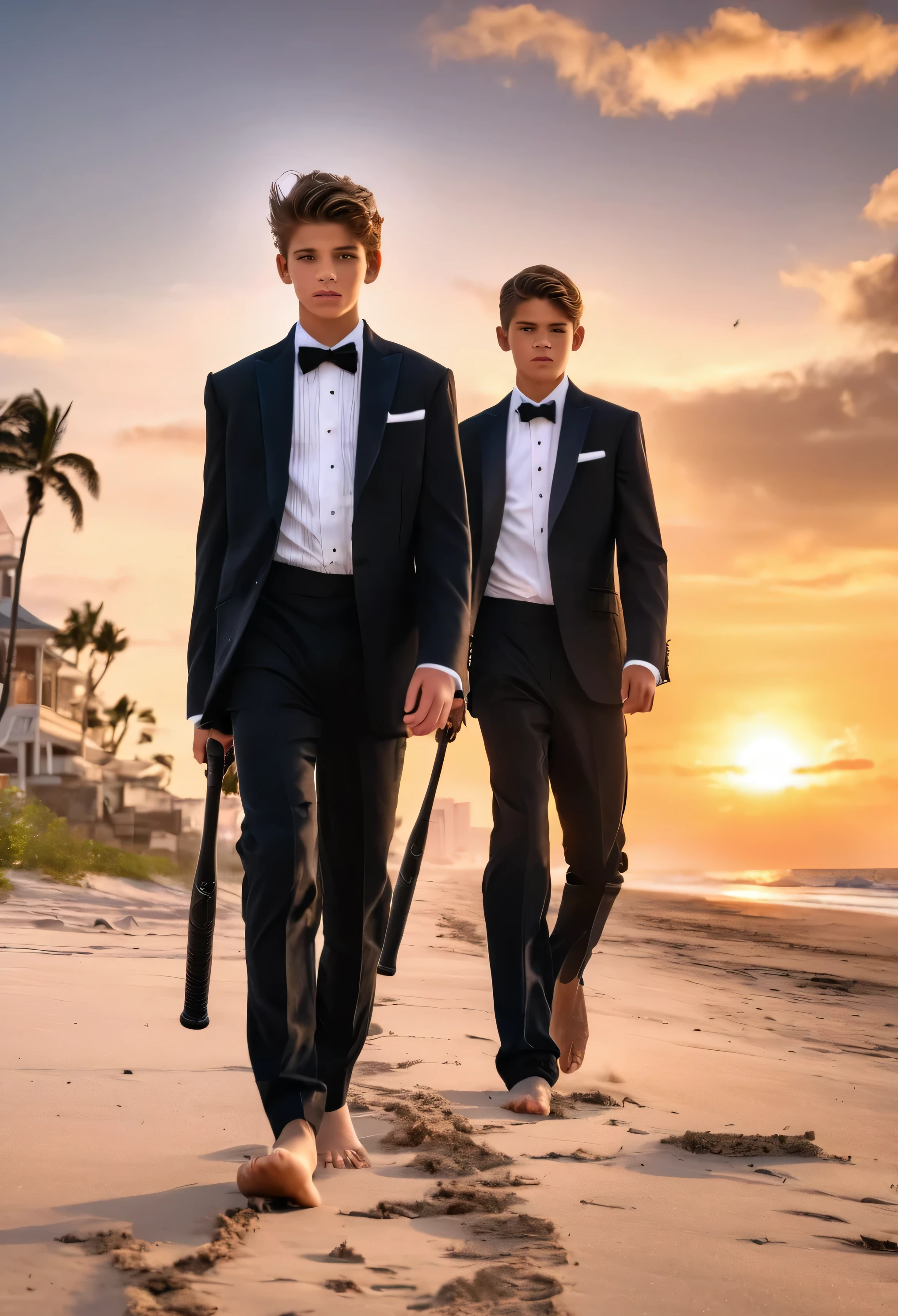 beautiful boys in tuxedos, ultra detailed faces, walking along beach barefoot, baseball bat, sunrise, ruined fort in background, feet visible, photorealistic hdr best quality