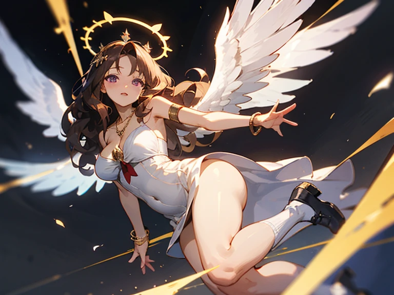 Angel face, long wavy brown hair that is braided around her head and tied with a blue and red bow around the back,purple eyes,generous curves,plump ass,large breasts,Bigl frame,5'7 Height,loght skin,halo overhead,five pairs of beautiful pigeon wings that can be hidden,golden aura that always surrounds her,white goddest dress,angel arm bracelet,angel necklace,angel queen's royal crown,transparent black long socks