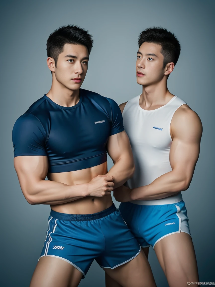 Two firefighters in their 20s，Full chest muscles，Has short black hair， blue eyes，Sexy and charming expression，Wear white training clothes、Blue shorts, 大包Convex显亮点，Convex，high resolution, masterpiece, best quality, head:1.3,((Hasselblad Photo)), Delicate skin, Stay focused, (Movie Lighting), night, Soft Light, Dynamic angle, [:(Delicate face:1.2):0.2],(((exercise))), kinetic, Arm muscles are big, Hands on Hips.