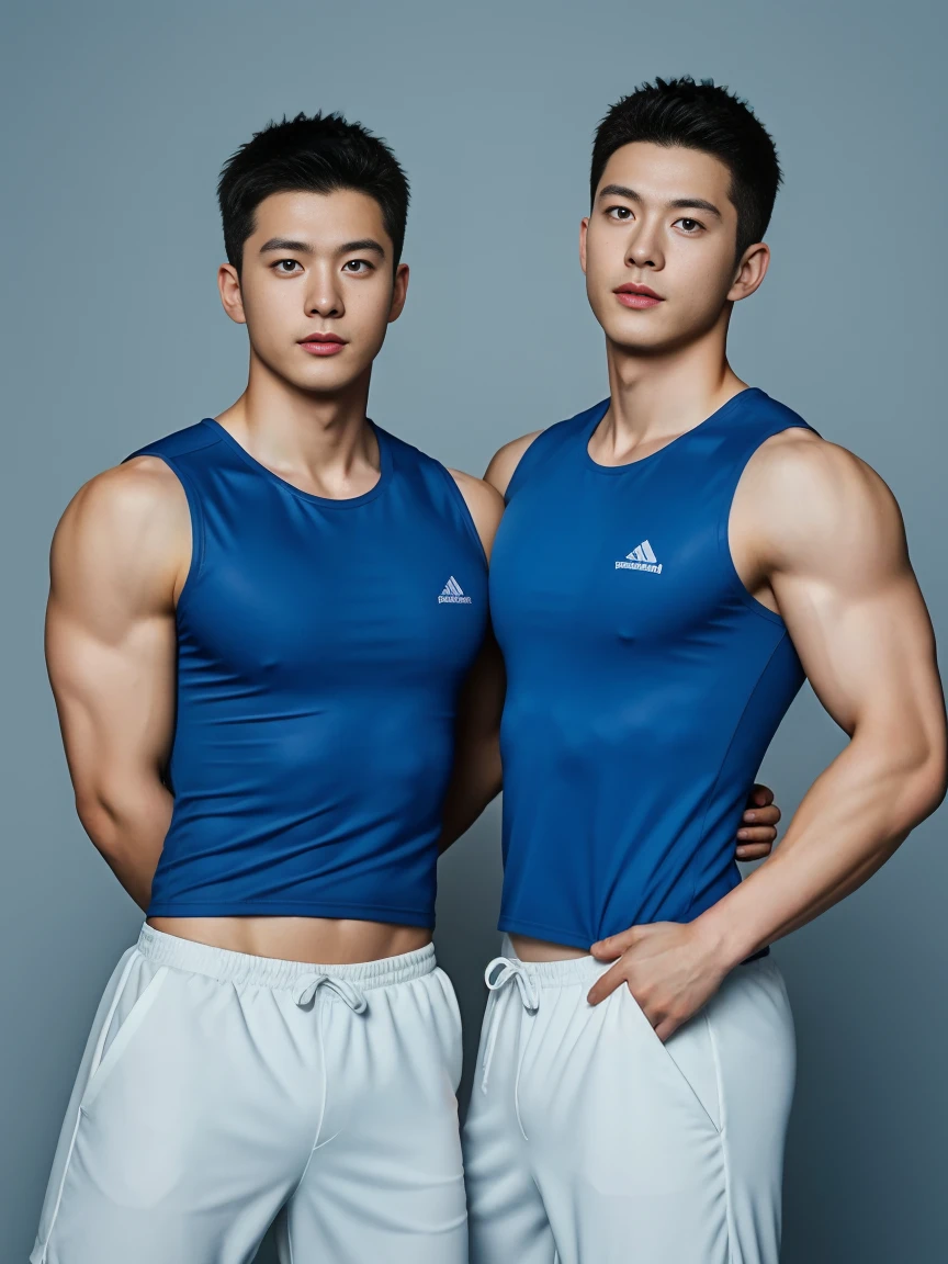 Two firefighters in their 20s，Full chest muscles，Has short black hair， blue eyes，Sexy and charming expression，Wear white training clothes、Blue shorts, 大包Convex显亮点，Convex，high resolution, masterpiece, best quality, head:1.3,((Hasselblad Photo)), Delicate skin, Stay focused, (Movie Lighting), night, Soft Light, Dynamic angle, [:(Delicate face:1.2):0.2],(((exercise))), kinetic, Arm muscles are big, Hands on Hips.