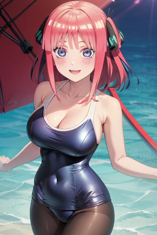 best quality, ultra-detailed masterpiece, anime art style, cute characters, nino nakano, one-piece swimsuit, large breasts, pantyhose, blush, smile