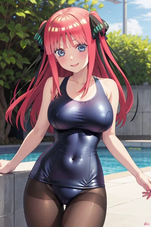 best quality, ultra-detailed masterpiece, anime art style, cute characters, nino nakano, one-piece swimsuit, large breasts, pantyhose, blush, smile
