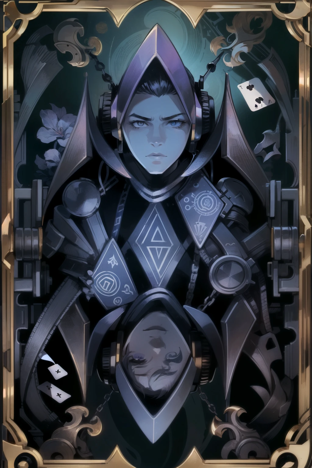 Intricate, symmetrical pattern for a playing card back, featuring blue and purple color palette, a gamer with headset portrait, full card visible, full frame visible