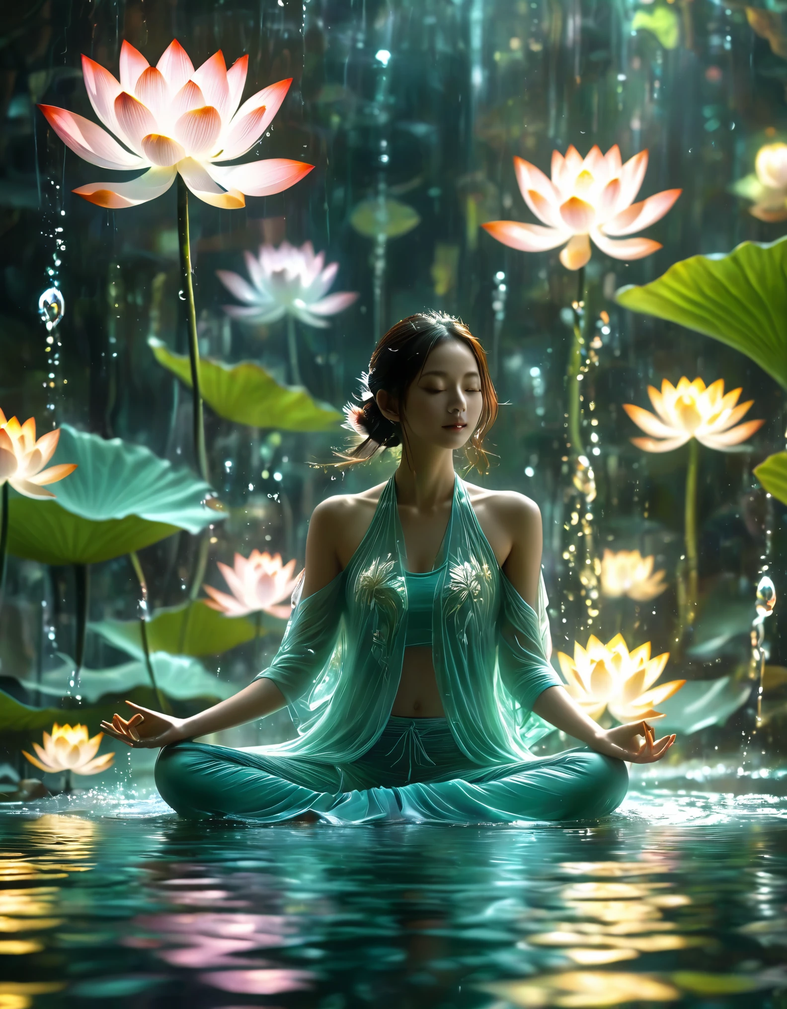 1girl，beautiful，blingbling water，Motion blurred，many many many fractal plants，Movie-level lighting effects，lotus pose,  on the water, reflection,，Glowing Line,Glow Example，Tracking example，flash， Backlight，translucent，light particles