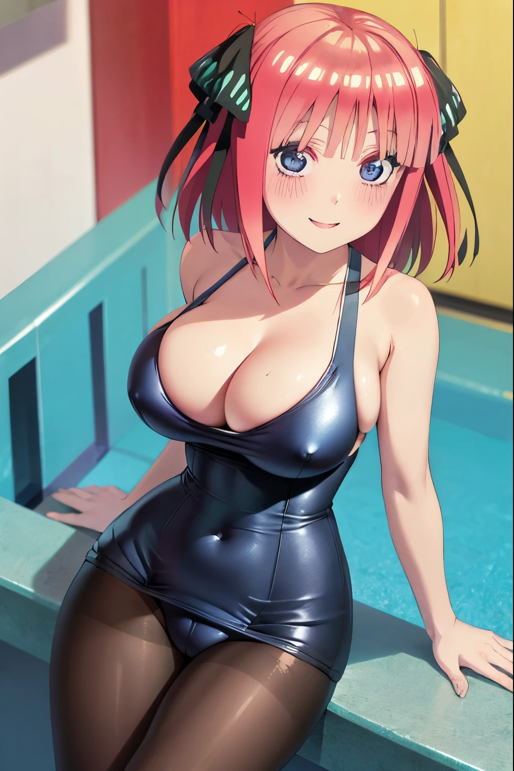 best quality, ultra-detailed masterpiece, anime art style, cute characters, nino nakano, one-piece swimsuit, large breasts, pantyhose, blush, smile
