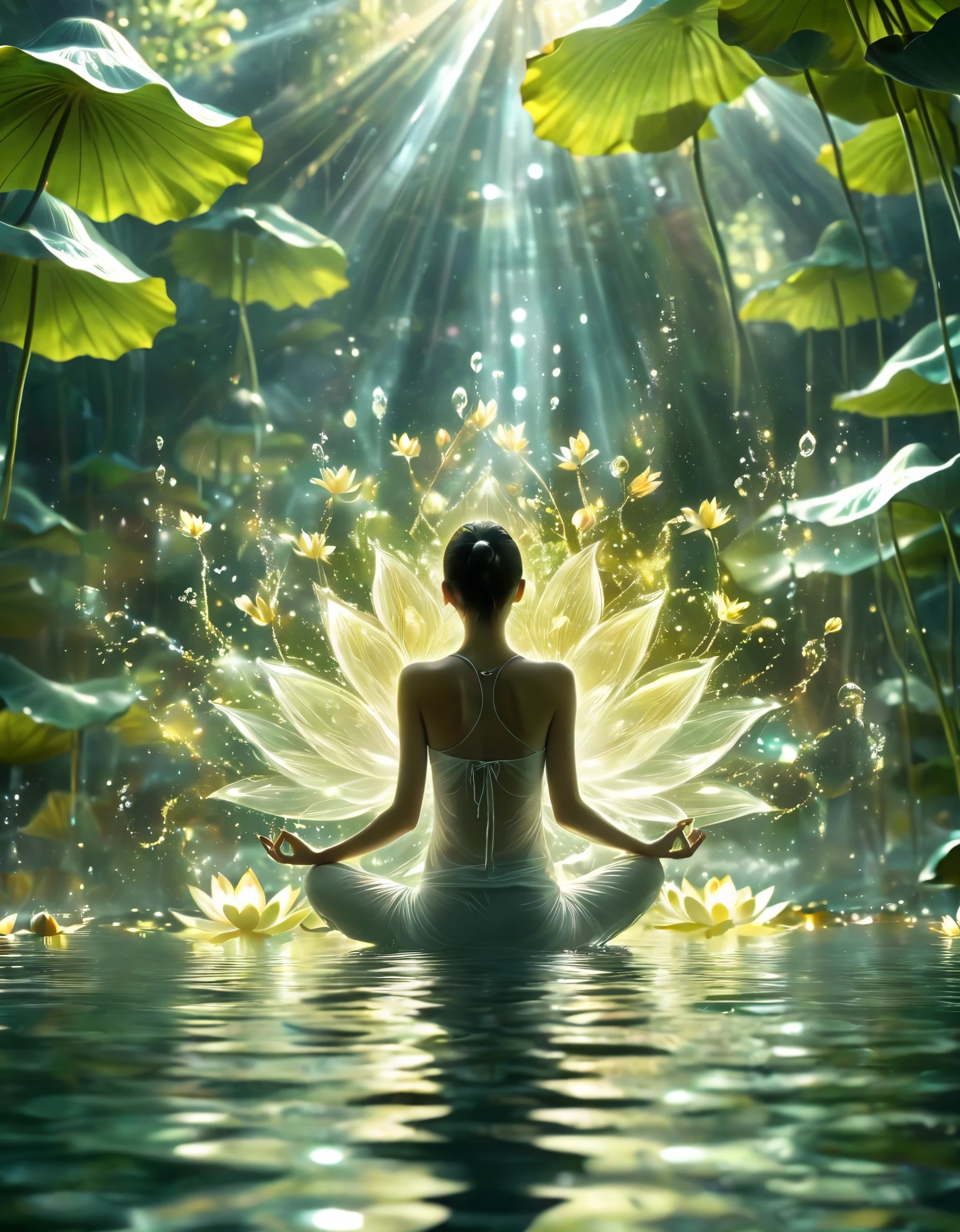 1girl,beautiful,blingbling water,Motion blurred,many many many fractal plants,Movie-level lighting effects,lotus pose, on the water, reflection,,Glowing Line,Glow Example,Tracking example,flash, Backlight,translucent,light particles