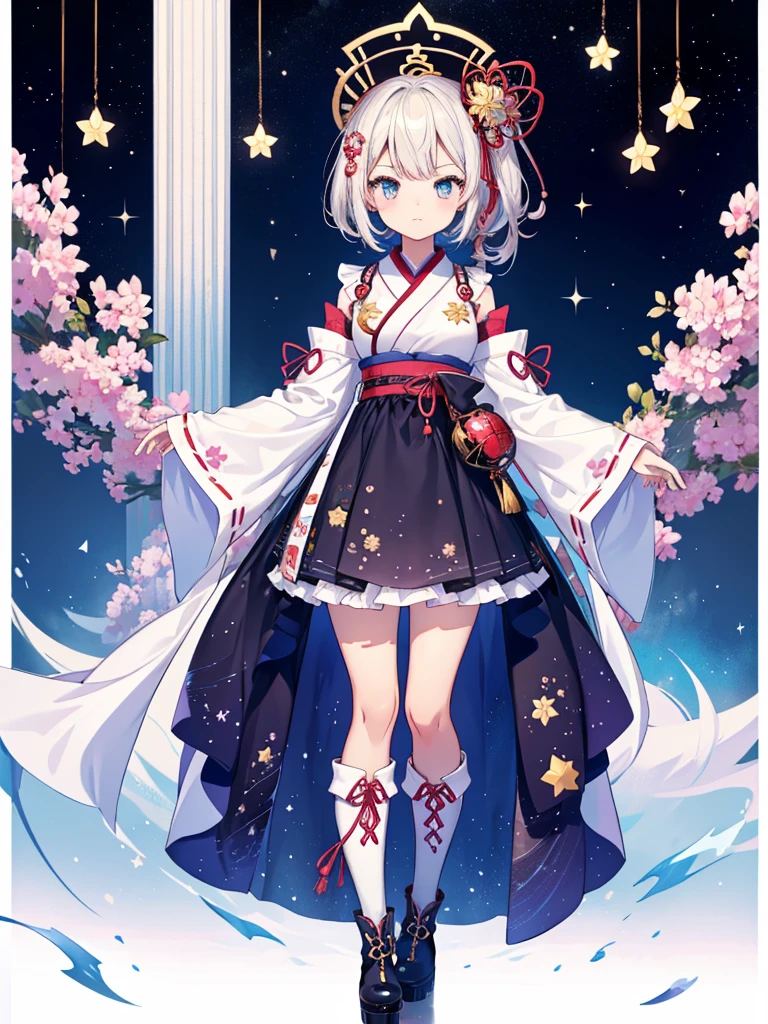 1girl、vtuber-fullbody、Star Fairy、Masterpiece、Official Art、Super detailed、super beautiful、かわいいStar Fairy、white straight short hair、Milky Way、universe、star charm、Star、、Knee-high boots、Japanese pattern dress、A beautiful girl wearing black and white clothes that are a remake of a yukata.、universeを思わせるOiranフリルドレス、Oiran