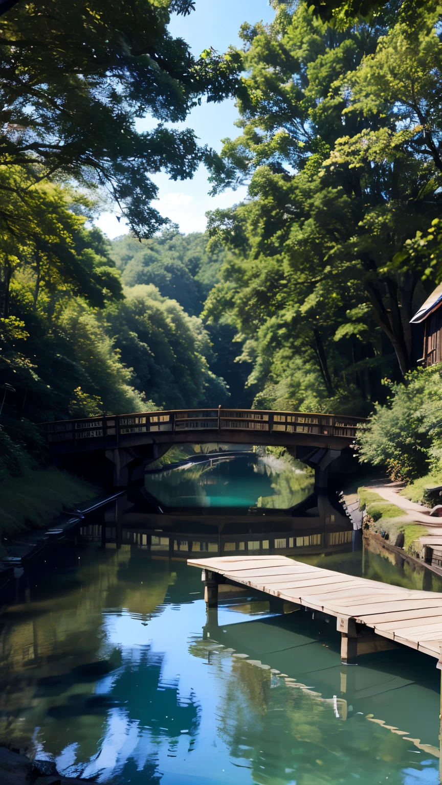 the wooden bridge over the river, with the trees swaying and the blue water reflecting under the bright sunlight.