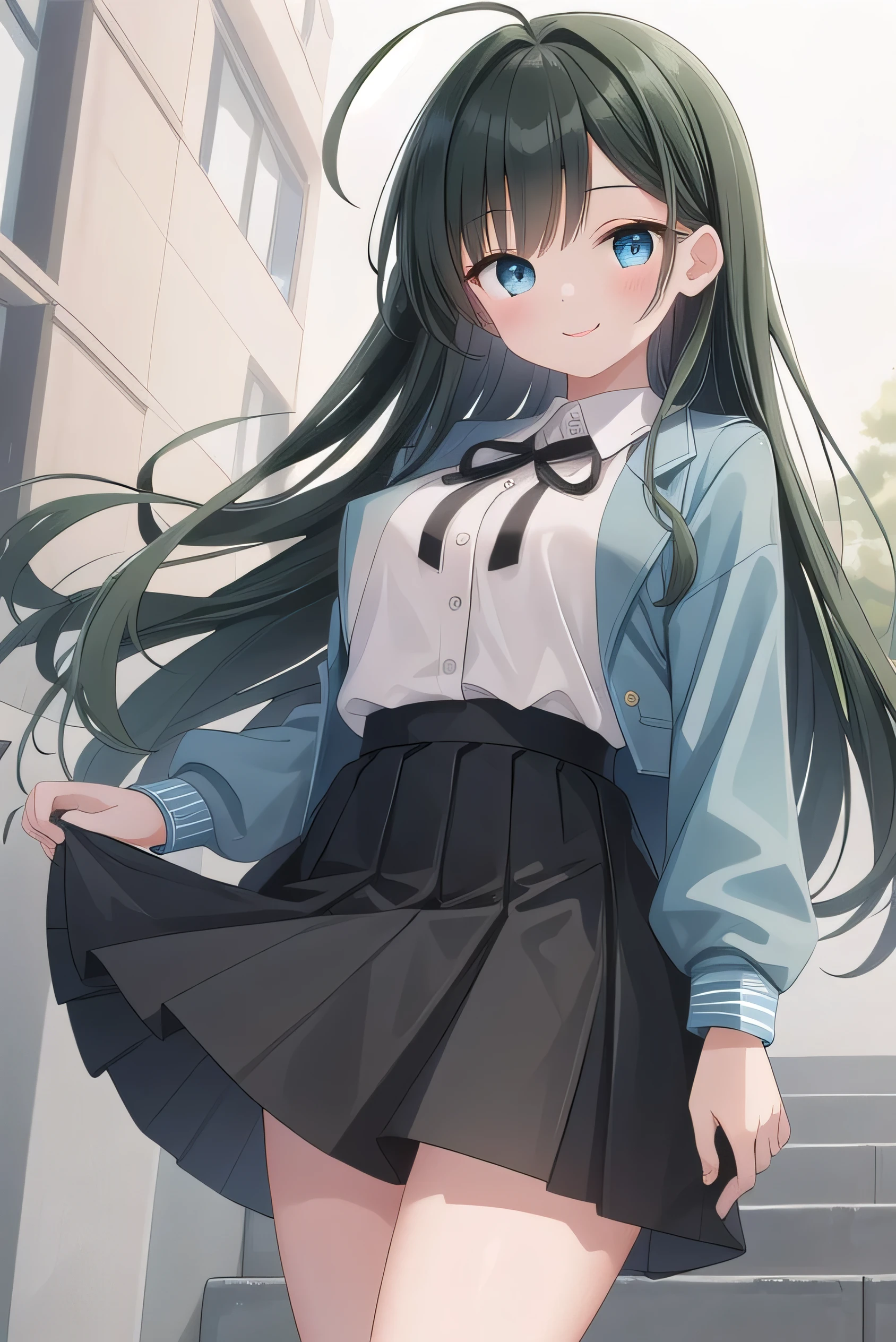 Junior high school student who looks like an elementary school student, 14 years old, very short, 140 cm tall, black hair with a slight green tinge, short ahoge, beautiful long hair but with a little hair sticking out, beautiful round eyes, blue eyes, smile, boyish, long sleeves, Thick clothes, skirt, big breasts, hair longer than waist, long hair, childish face, gentle smile, a little shy, black skirt, black hair with a slight green tinge, boyish, gentle smile, jacket one size larger, ( Deep greenish black hair: 1.3)