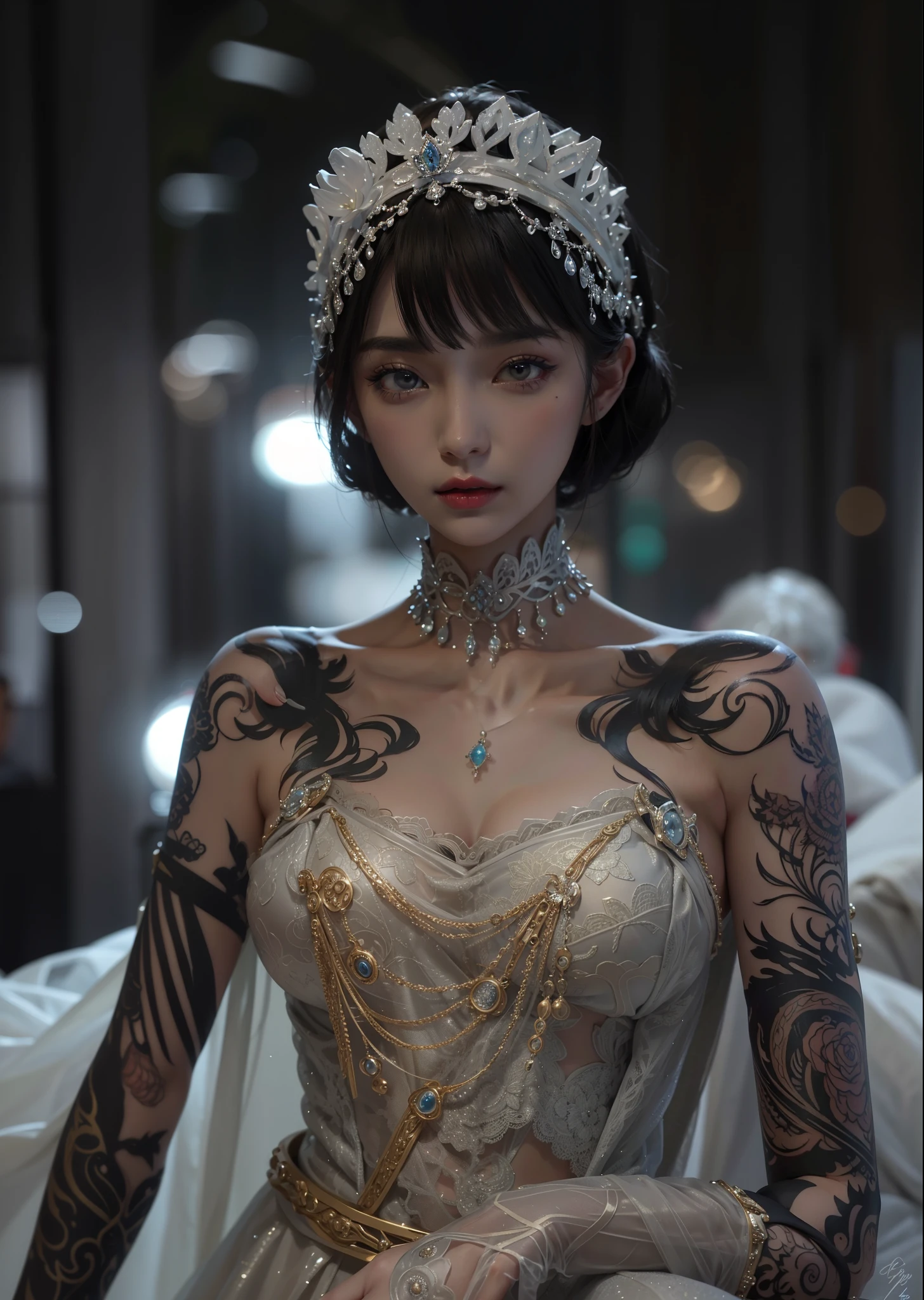 Detailed image quality,pandora witch,wing, Succubus Theme,堕落Angel,Excellent,scary,Secret Terror,Tentacles,With eyes,Uncanny Valley Effect,Blood Moon,skeleton,vampire,Hellfire,Dark Queen,Angel,magician magic witch,Angel,eyes are blue(Pupils as deep as the starry sky),Gorgeous tattoo designs all over the body,tattoo queen,Gorgeous clothes(Rich in details),There are tattoo designs on the arms,Wear pleated skirts,Put your hands on your sides
