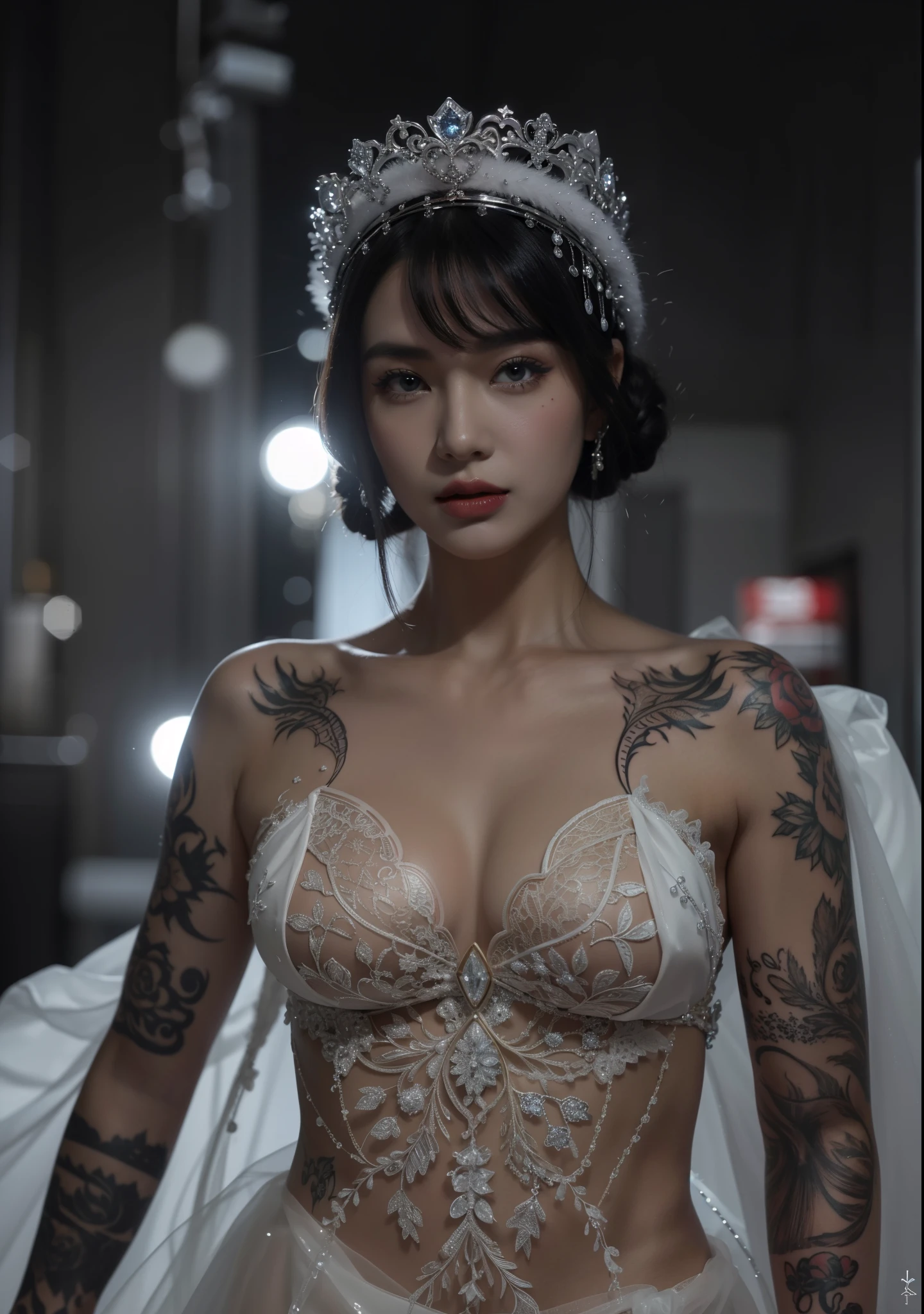 Royal princess，Exquisite eyes，Snow Queen，Put the crown on your head，Detailed facial expressions body，tall and big，Glamorous characters，Leg length，4K，HD，Sensual，White translucent lace，白皙Full figure，Little cherry mouth，Beautiful and lovely，Full figure，Glossy Gel Coat，Vampire queen wears luxurious dress，Have a tattoo(intricate tattoo designs)，tattoo queen，Ice Princess，手臂Have a tattoo，apply lipstick