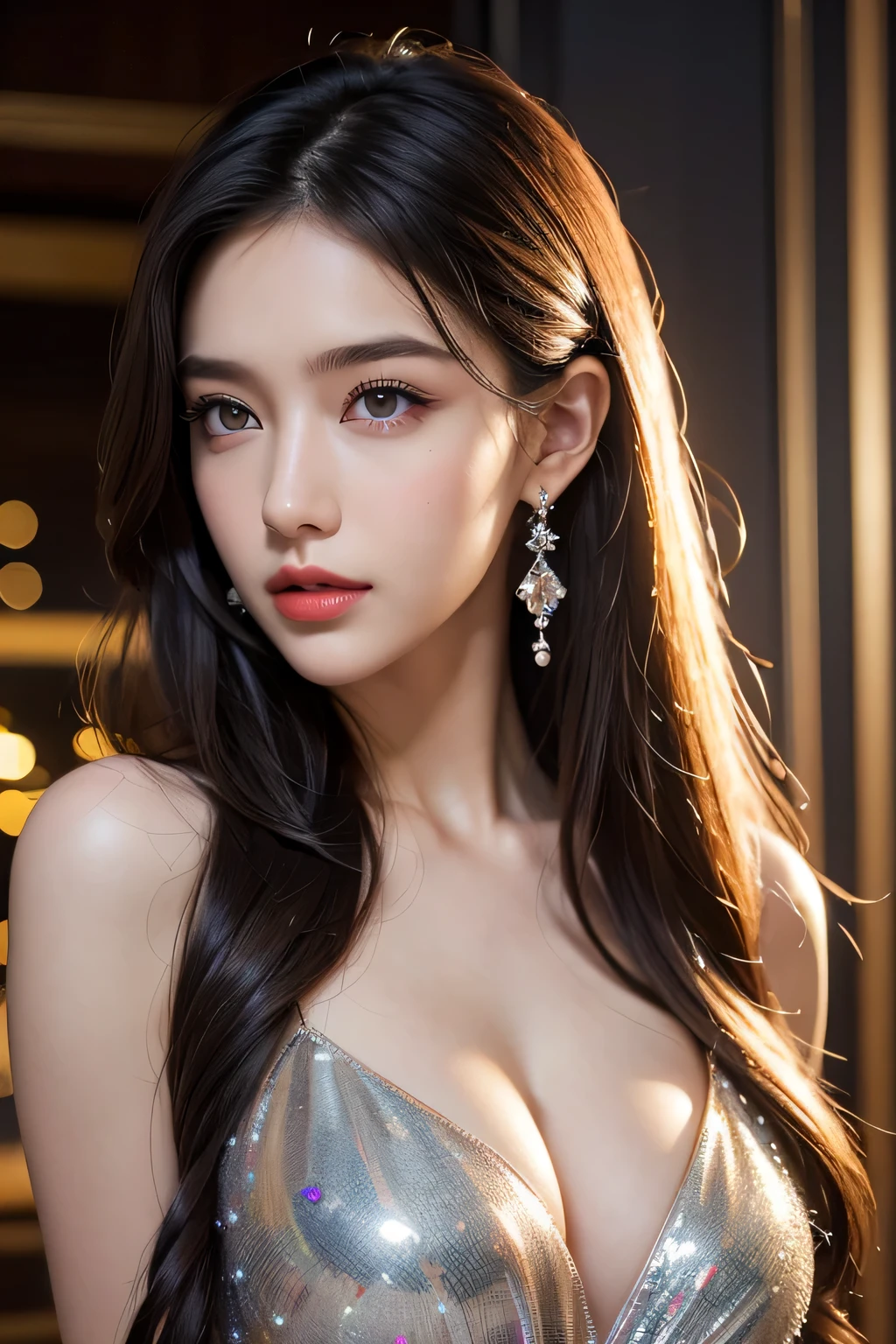 High-quality work,Realistic works,Super premium graphics,8K HD CG works,high quality graphics,High-definition and exquisite CG works,10x pixels,Ultra-fine details:1.1,Advanced technical details:1.1Realistic photo effects,Interior lighting effects:1.5,natural soft light:1.5. Light effect(Virtual light effects:1.8),ultra high resolution,shining dress,sliver long hair,silber hair,transparenthair,high detailed hair(Quality hair details:1.1)Clear eyes,Double eyelids look good,Sharp eye makeup, Create exquisite eyelash makeup, tthin eyebrows, Ultra-detailed eyes,a tall nose, lovely red lips, rosey cheeks, With delicate makeup on her face , pretty face, The face shape is perfectly proportioned,(Advanced facial details:1.1)a girl, happy, very long hair, setailed eyes, glossy lips, rainbow Crystal dress, rainbow dress, colorful crystals, reflecting lights on crystals, spreading lights, attractive pose, whole body capture,,Women's artwork,Dress full body video,Realism,Amazing Cleavage,My eyes are very bright today