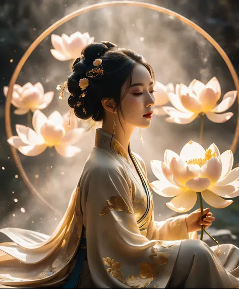 lotus pose，vibrant rim light, in a country full of magic, silhouette of a chinese girl illuminated, gorgeous and luxurious hanfu...