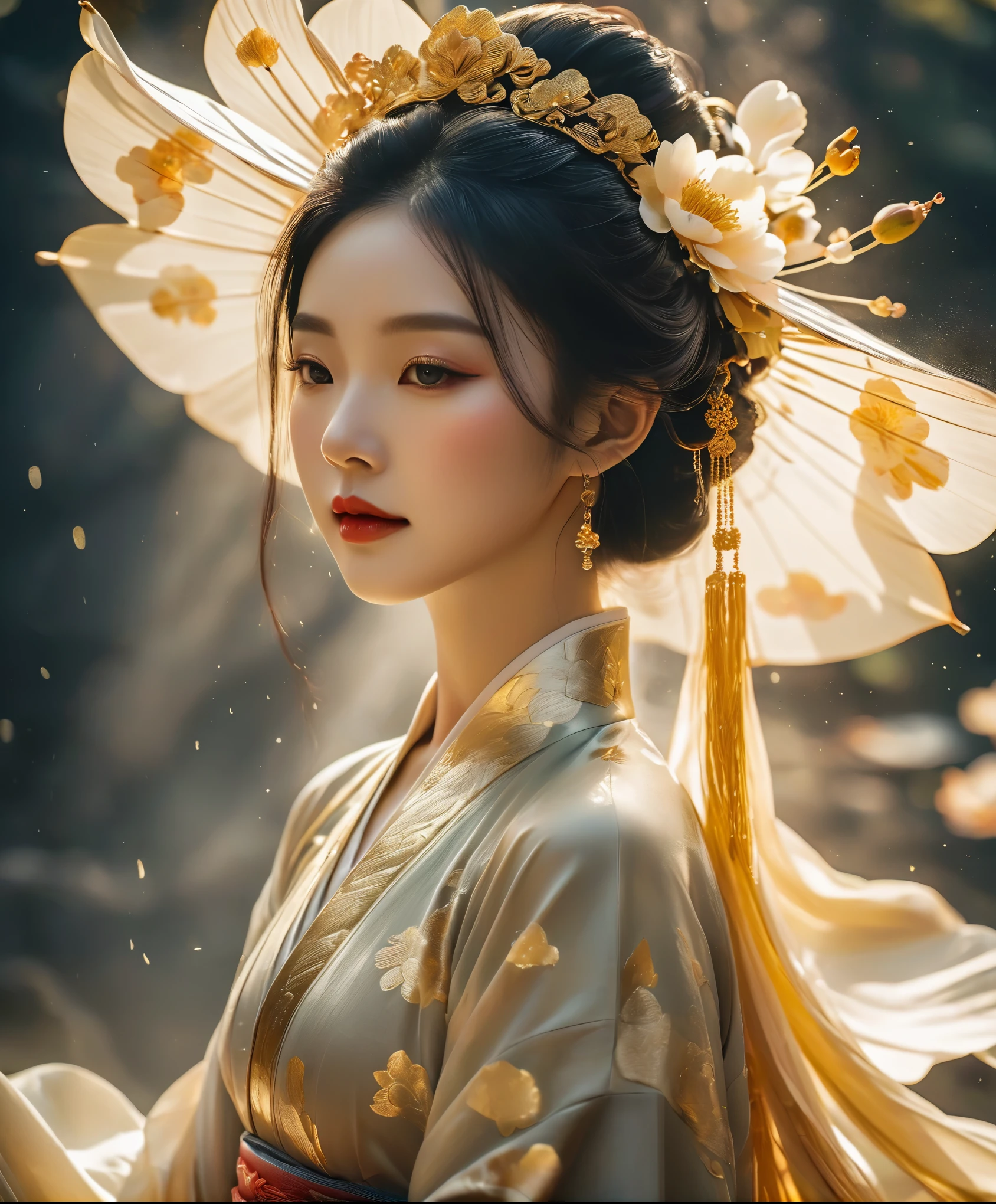 lotus pose，Vibrant rim light, In a country full of magic, Silhouette of a Chinese girl illuminated, Gorgeous and luxurious Hanfu，As if radiating light from the inside out, Floating elegantly in this fantasy space. mysterious clouds, shimmering gold and silver, surround her, Reminiscent of the immortals descending into the mortal world. in her slender hands, She holds a radiant peony in her hand, its glow contrasts with its shadow. The moment the petals dance in the wind, Cast a playful shadow, Beautifully immortalized by artists. Glowing lights and shimmering shadows dance around her body, Evoking the elegance of traditional ink painting, But the dynamic interplay of light and dark. This masterpiece combines the vision of a modern artist, Use the brilliance of Hanfu to highlight the strong dramatic effect of light and shadow, Produce extremely abstract and bright artwork. luxury, avant-garde, chic, editorial, magazine style, professional, intricate details, ambient lighting, rake light., bright rim light, high contrast, bold rim light