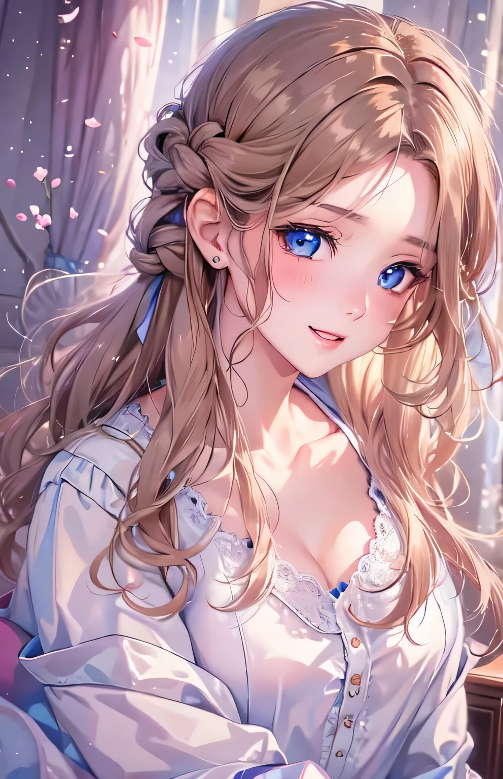 ((highest quality)), ((masterpiece)), (Get used to it), Perfect Face , masterpiece、highest quality、High resolution、High-quality images、8k, 1 female、Skin Radiance、Texture of skin and clothing、Expression of fine eyes、shiny light light brown hair,Girl with long braided hair, Manga inspired by Lee Jong-suk, Trending on deviantart, realism, detailed manga style, Manga art style, Perfect Line Drawing, Beautiful line art, digital manga art girl, K-POPアイドル, Beautiful Blue Eyes, Lips become thicker, Gorgeous face with attention to detail, (Cute Smile), charm, Innocent, Side view, (Perfectly detailed face), (Beautiful Hands) Photorealistic images, Written boundary depth, 20th Generation ,beautiful girl , Babydoll Underwear , The roses have fallen , Lying in bed ,